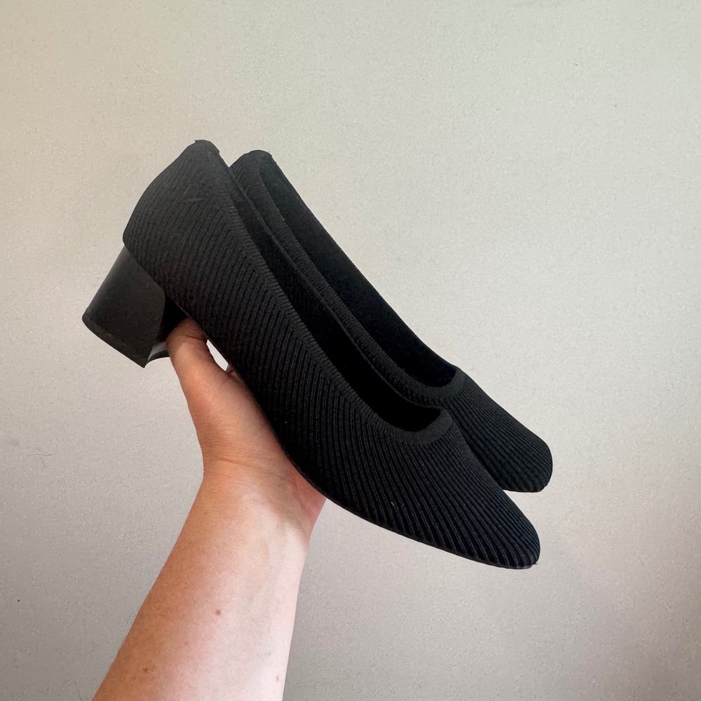 VIVAIA Black Ribbed Knit Square Toe Block Heel Pumps Women's Size 41.5 - Picture 2 of 7